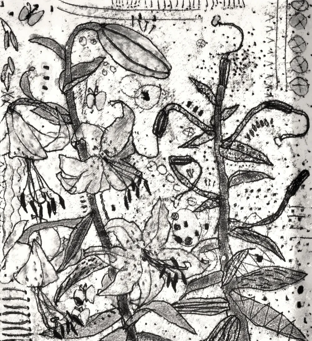 White Lilies, a black-on-white line drawing of lilies, buds and seed pods on tall stems, with small insects and marks worked into the background.
