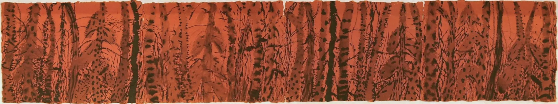 Forest in Sunset, a wide panorama of dark tree trunks drawn over a red-orange ground, made from joined sheets whose deckled edges show as vertical seams.