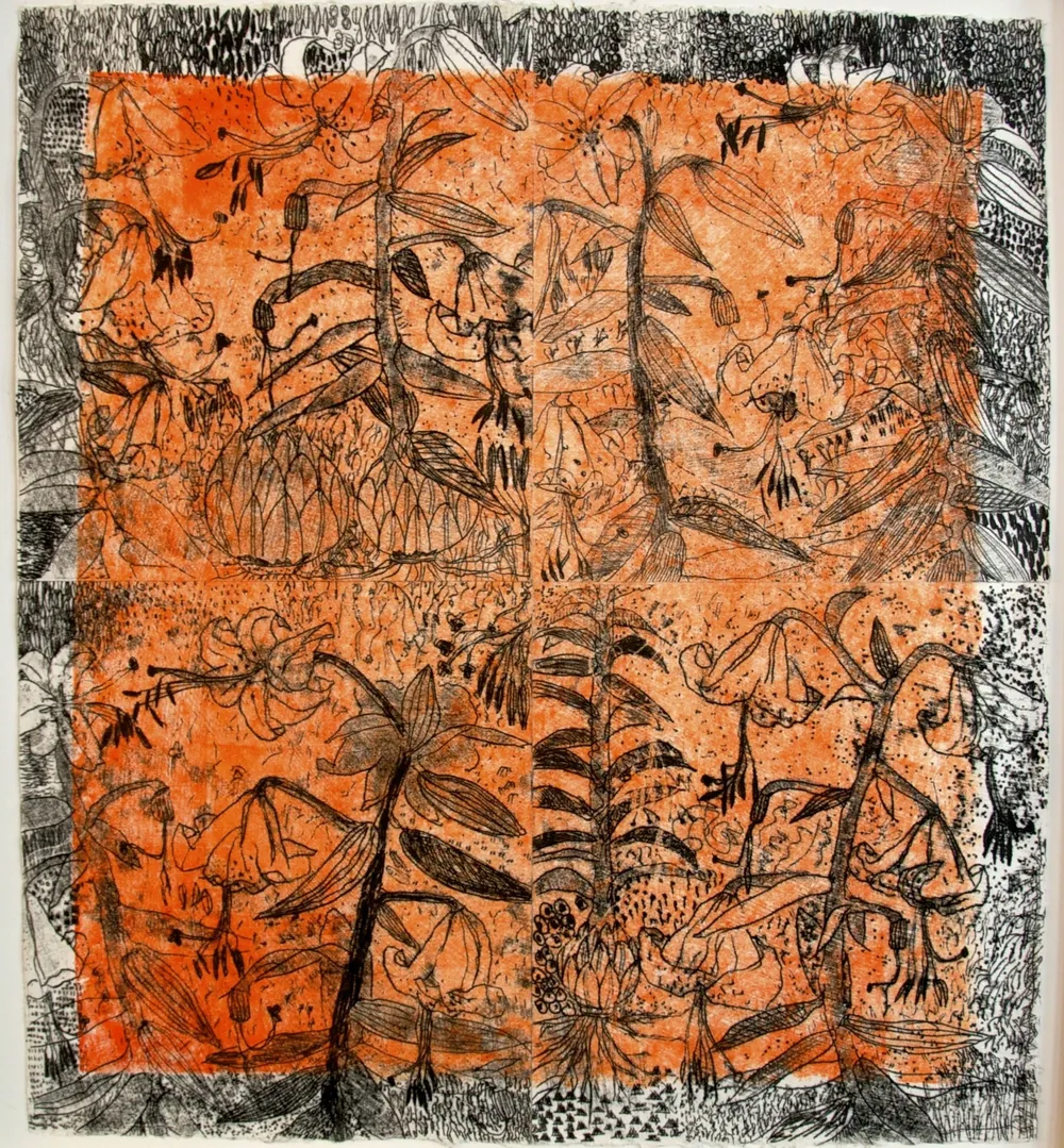 In the Bulb There Is a Flower, four monoprinted plant panels laid out in a two-by-two grid, with an orange wash flooding the centre and black line drawing over the top.