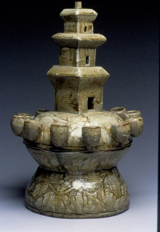 Incense Burner 2, a pale celadon censer with a three-tier pagoda rising from a lotus-petal lid over a footed bowl incised with lotus decoration.
