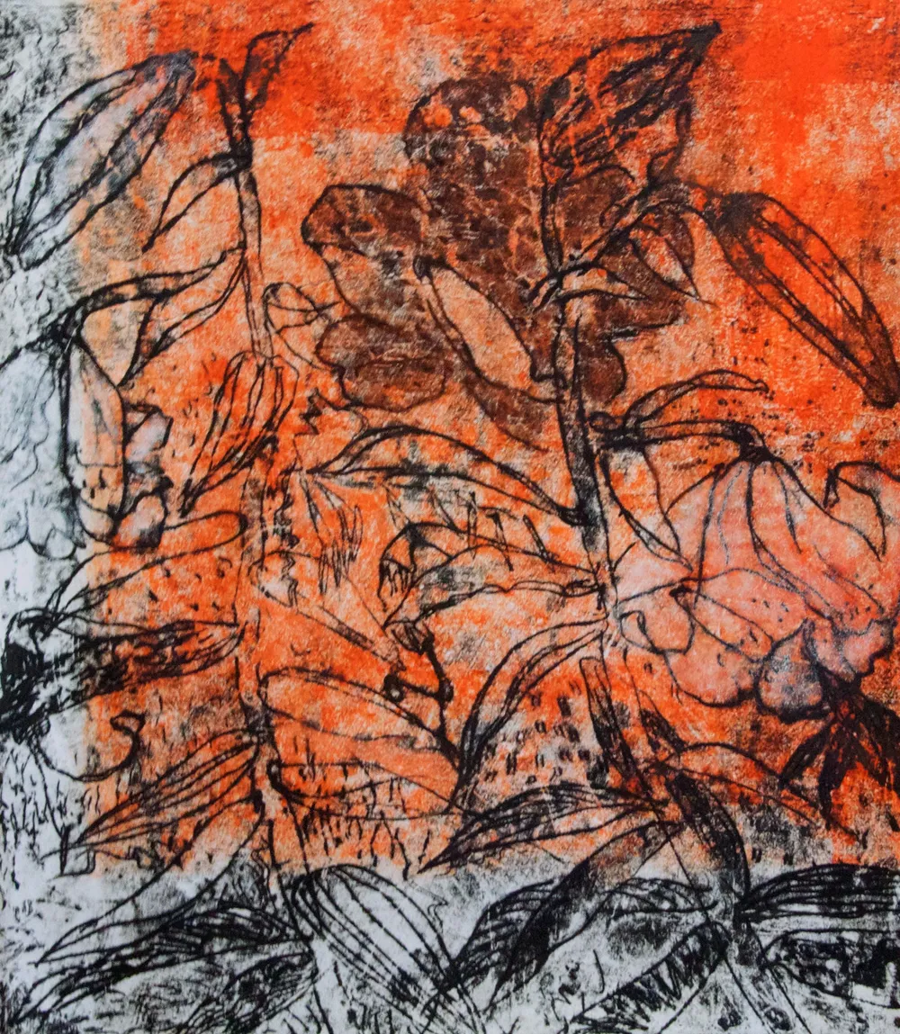 Lilies in the Sunset 2, a monoprint of lily leaves and blooms drawn in black over a burning orange ground, with a pale cream margin along the lower edge.