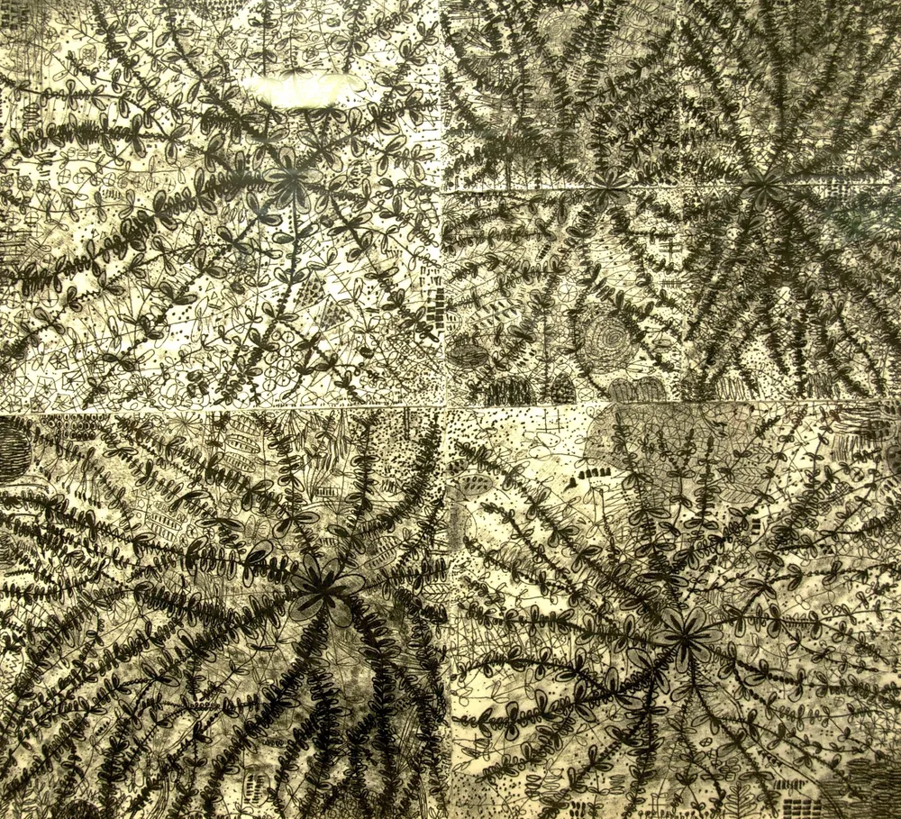 A four-panel transfer drawing from the Meditations on Weed series, each quadrant a dense radial burst of spurge stems and paired leaves in black ink on a warm cream ground.