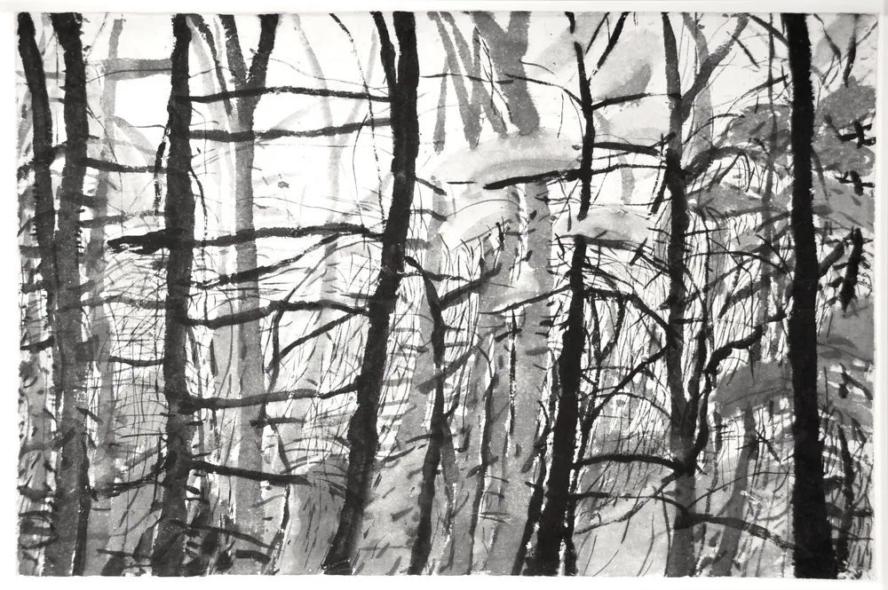 Snow Forest, an ink-and-wash drawing of bare tree trunks crowding the picture plane, with pale snow-laden washes drifting between them.