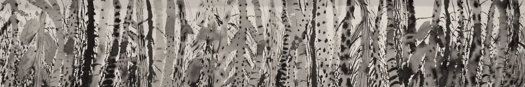 Winter Forest, a very wide panoramic ink drawing of pale tree trunks and hanging branches in grey wash across a horizontal strip.